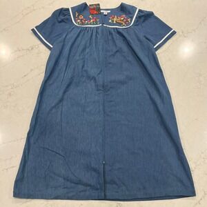 Go Softly NEW Cotton Chambray Patio House M Dress Muumuu Embroidered Floral Bird